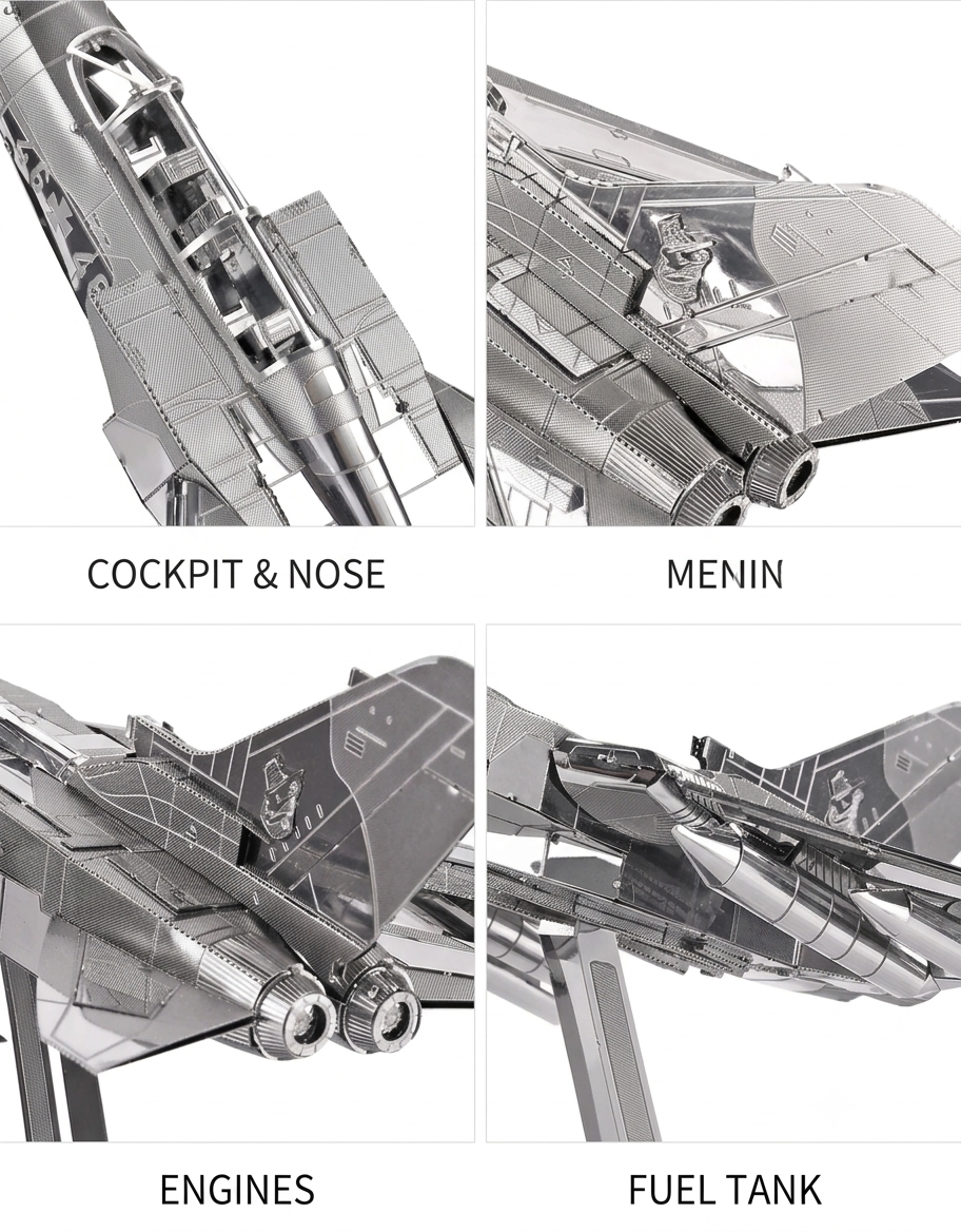 Close-up macro details of Tornado fighter jet metal model highlighting cockpit, nose, jet engines, and fuel tank.