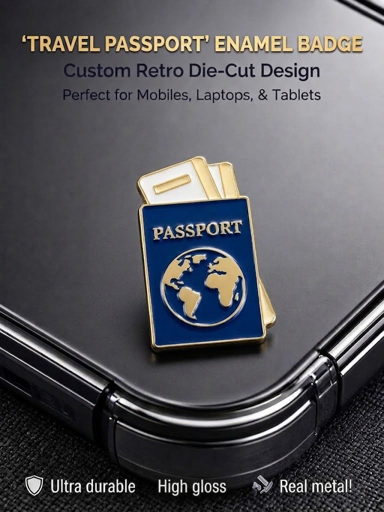 Travel passport metal enamel badge sticker in deep blue and gold mounted on the back of a black smartphone.