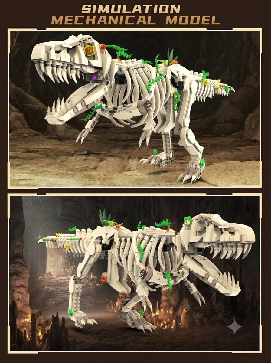 Side profile views of the articulated mechanical T-Rex dinosaur fossil building block model in a rocky cavern setting.