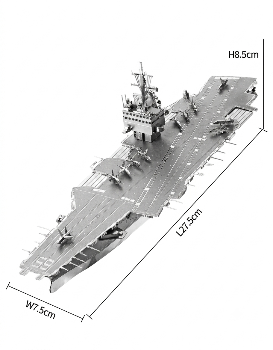 Size dimensions for USS Enterprise CVN-65 metal model: length 27.5 cm, width 7.5 cm, and height 8.5 cm.
