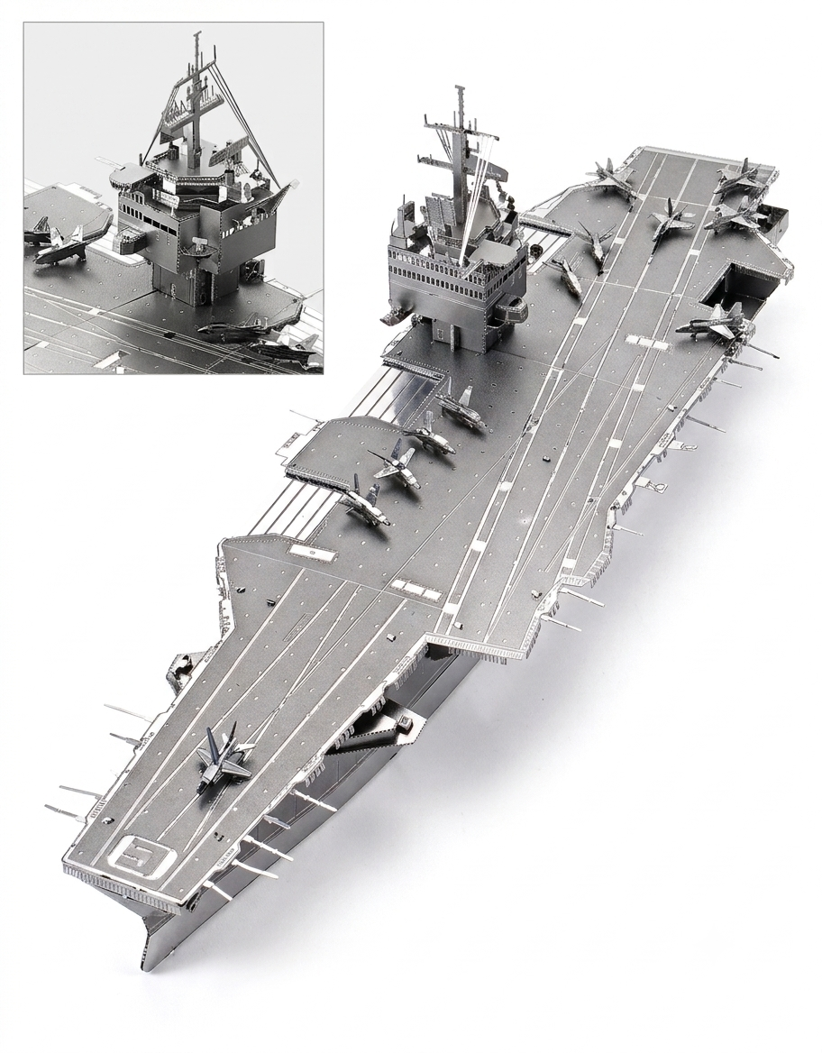 Full view and close-up zoom inset of the USS Enterprise CVN-65 3D metal puzzle model highlighting the intricate island control tower and radar mast.