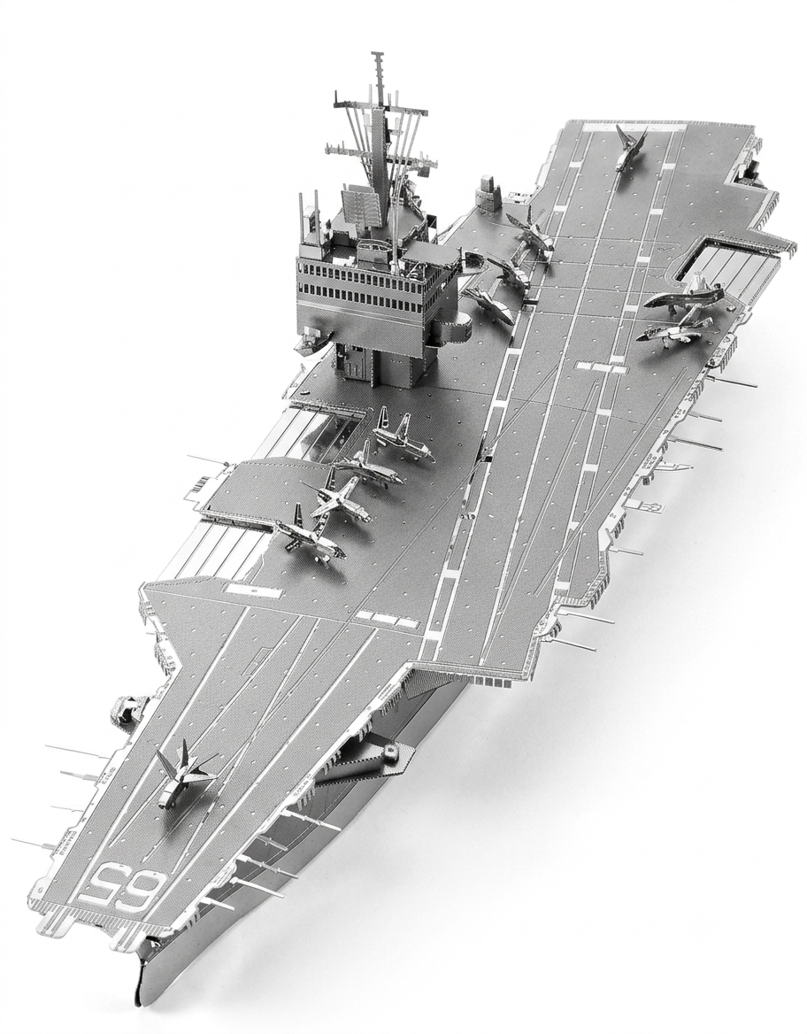 Assembled USS Enterprise CVN-65 3D metal puzzle model kit with detailed flight deck and fighter jets.
