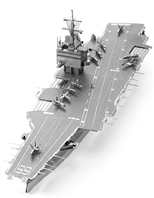 Assembled USS Enterprise CVN-65 3D metal puzzle model kit with detailed flight deck and fighter jets.
