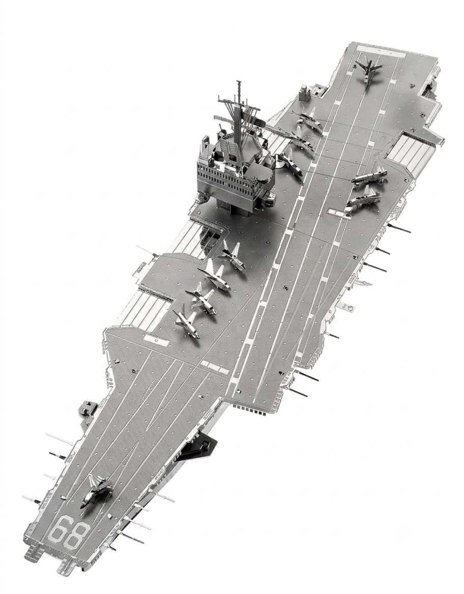 Elevated angled view of the USS Enterprise CVN-65 metal model kit showing runway markings and deck details.