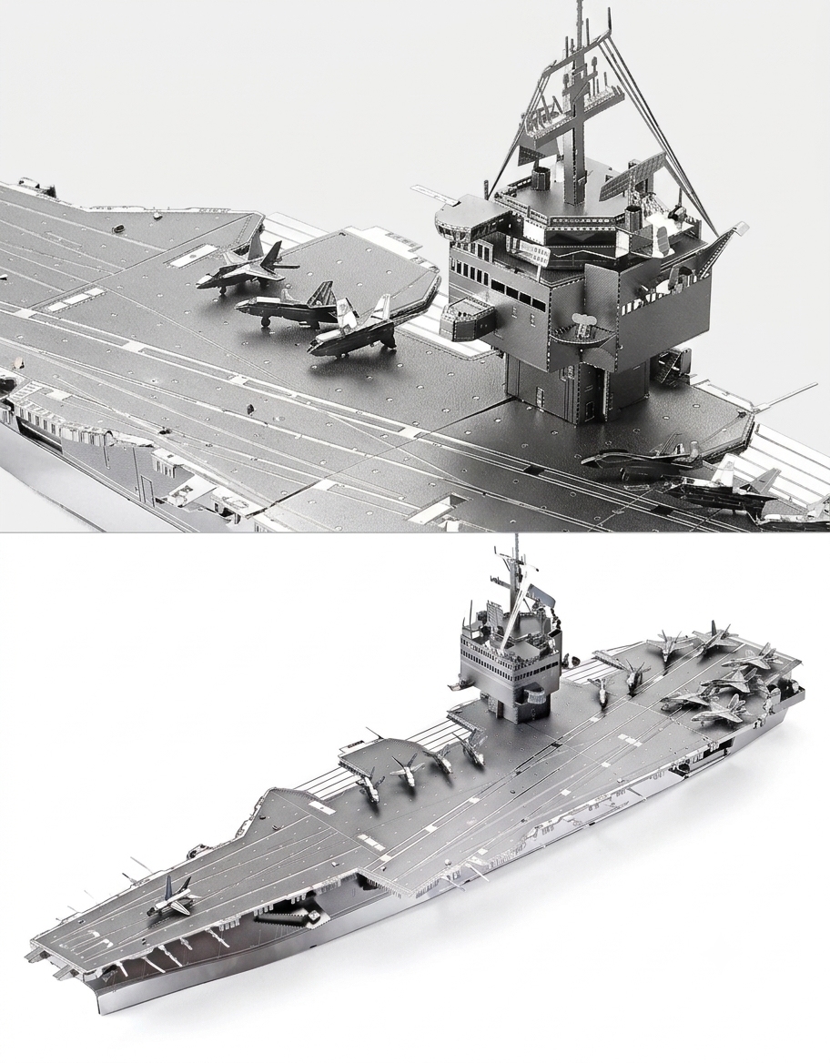 Close-up detail of the superstructure radar tower and flight deck on the USS Enterprise metal model kit.