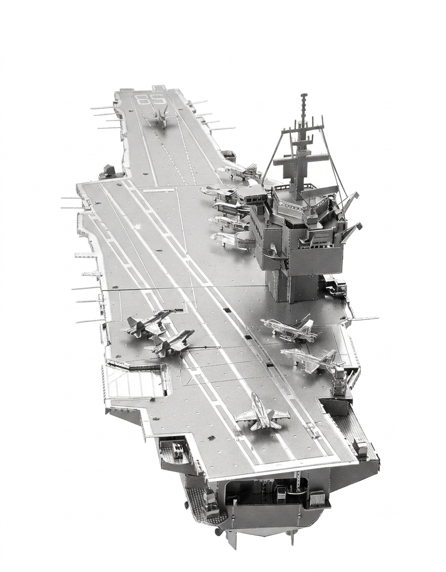 Rear perspective view of the assembled USS Enterprise CVN-65 3D metal model looking down the landing strip.