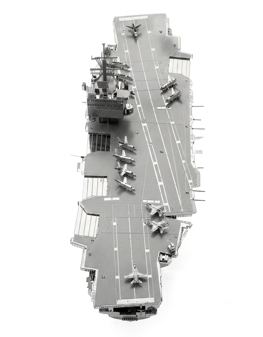 Top-down aerial view of the USS Enterprise CVN-65 3D metal model puzzle showing aircraft carrier deck layout.