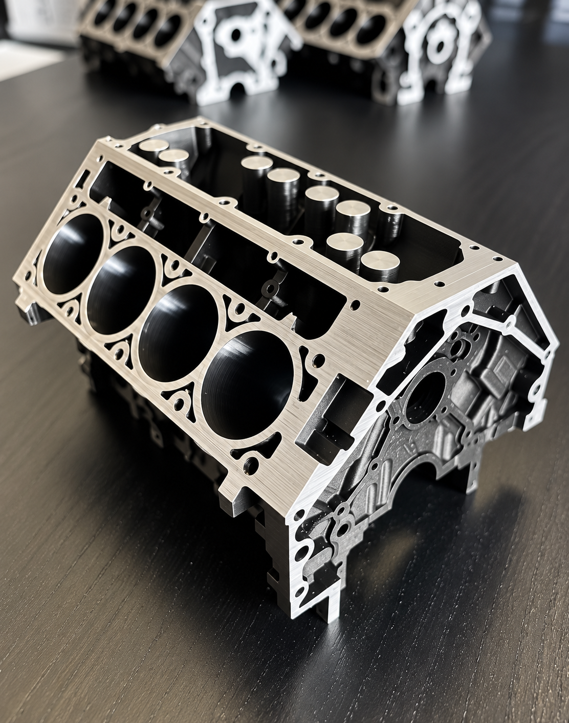 Brushed silver and black finish miniature V8 automotive engine block desktop model and paperweight for car enthusiasts.