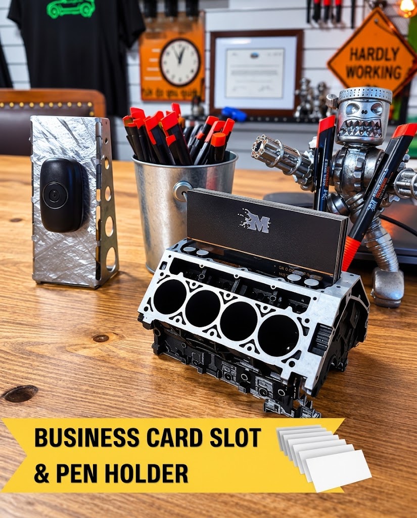 V8 engine block miniature desk organizer featuring a central business card slot and cylinder pen holder on a workshop desk, available in Lebanon.