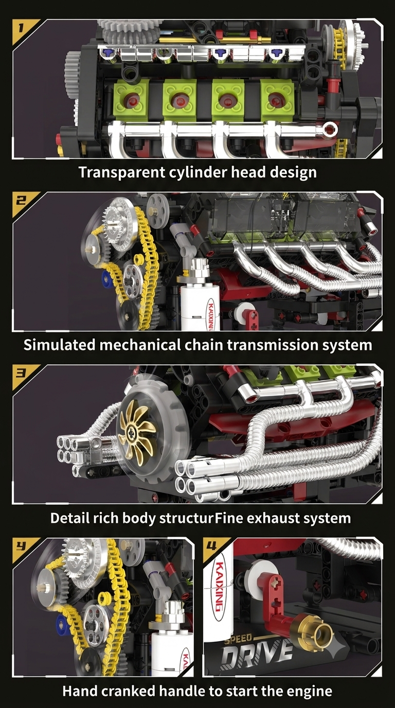 Close-up diagrams of V8 engine model transparent cylinder heads, yellow timing chain, chrome exhausts, and hand crank