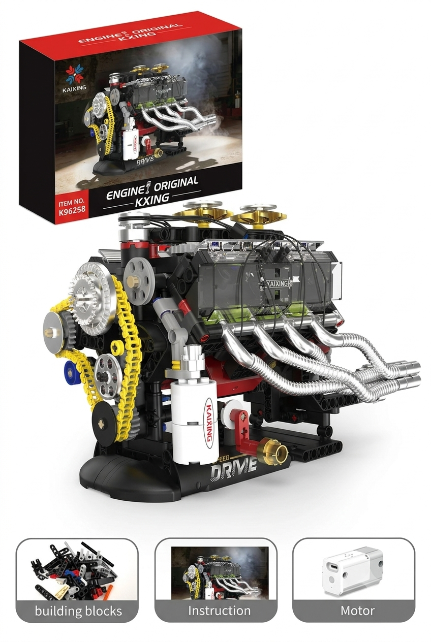 Speed Drive V8 engine kit contents showing sorted building blocks, instruction manual, and electric motor accessory
