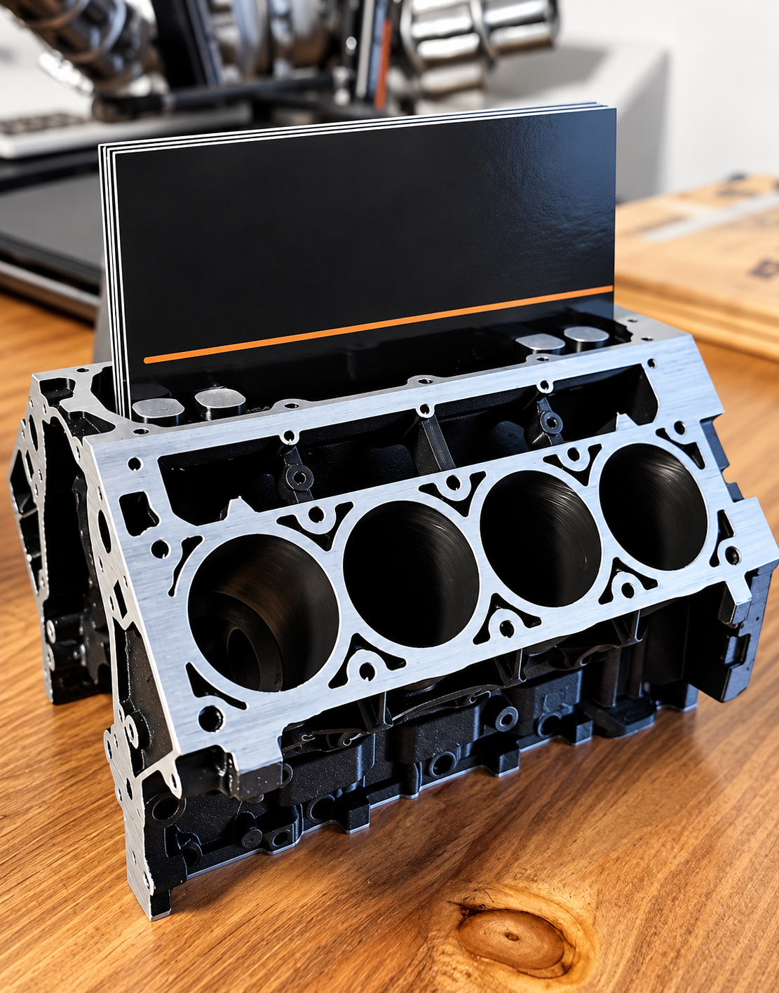 Compact V8 cylinder engine block business card stand displayed on a solid wood desk with black matte cards inserted.