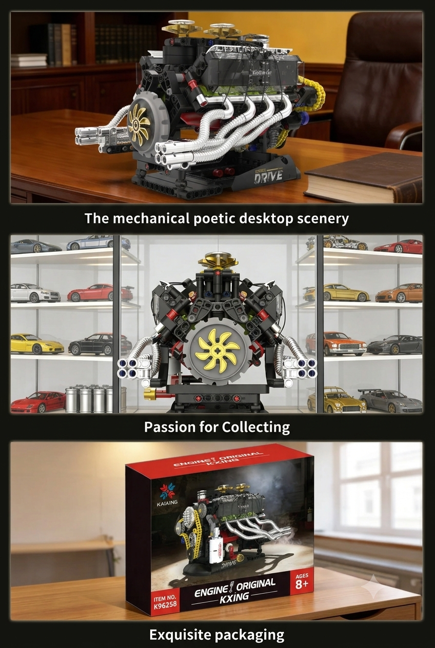 Speed Drive V8 engine model displayed on an office desk and inside a model car showcase cabinet