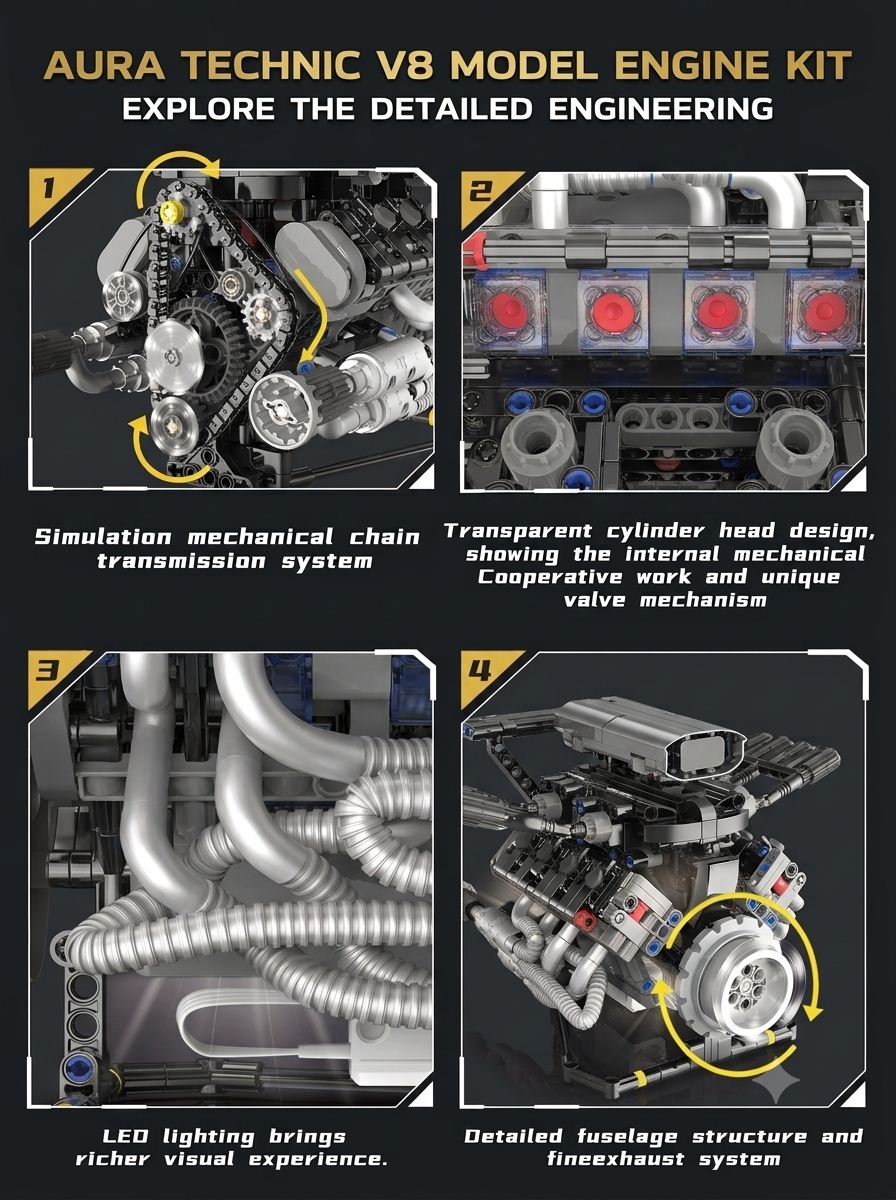 Close-up details of V8 engine model featuring timing chain transmission, transparent moving cylinder heads, LED lighting, and exhaust pipes.