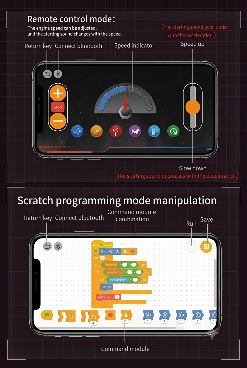 Smartphone Bluetooth app interface showing speed adjustment controls and Scratch block programming mode for V8 engine toy