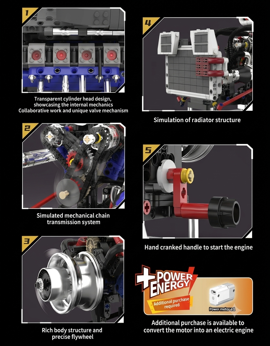 Feature breakdown showing transparent cylinder head, chain drive transmission, chrome flywheel, and radiator simulation