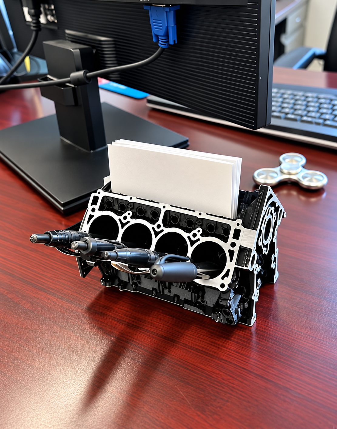 Miniature automotive V8 engine block organizer holding pens and business cards on a wooden office desk next to a computer monitor.