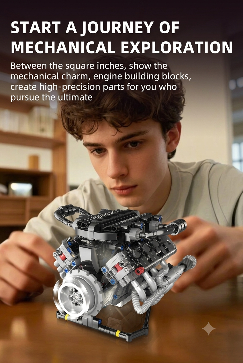 Fully assembled motorized V8 mechanical engine building block model kit displayed on a desk.