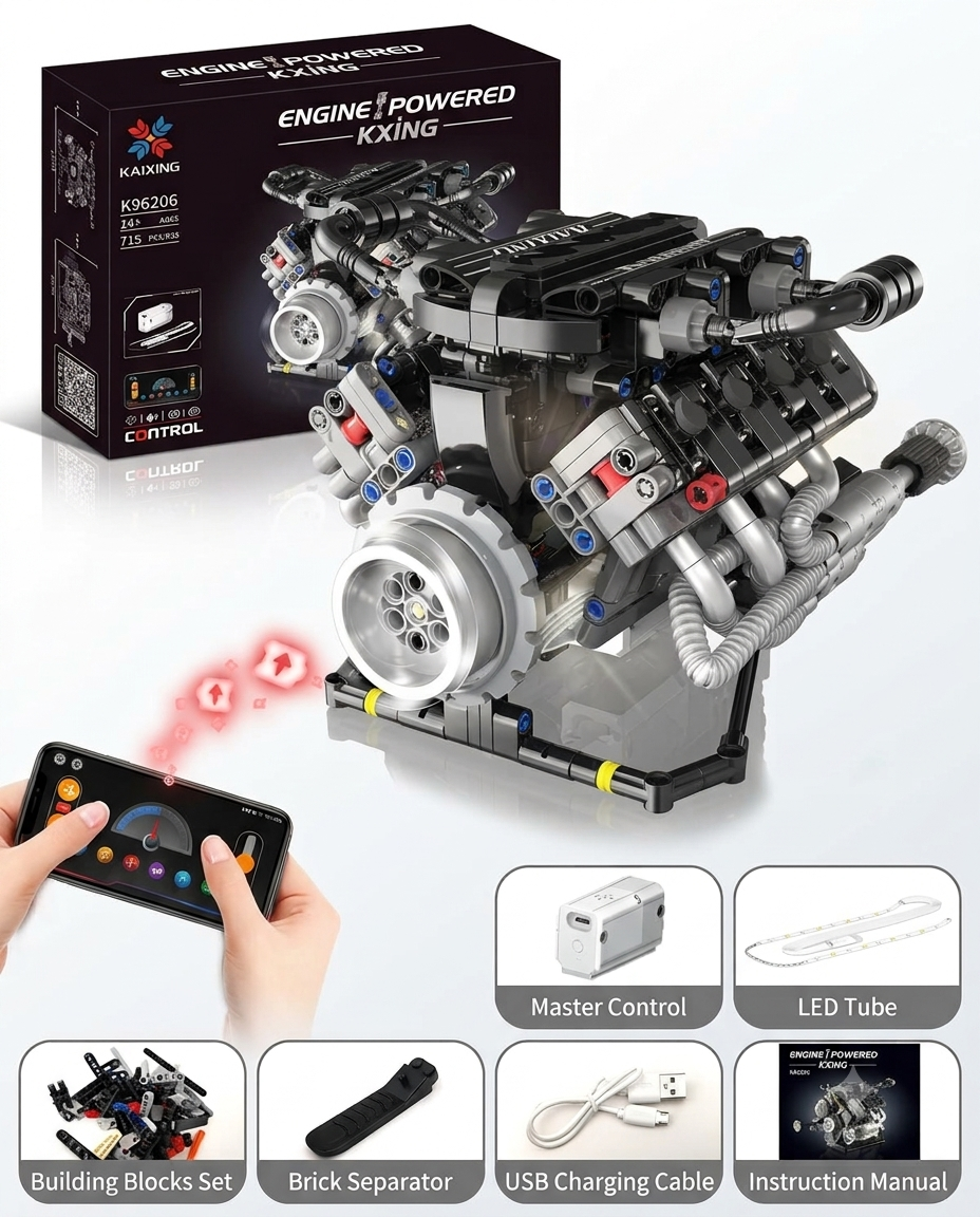 Kaixing V8 motorized engine building block set showing packaging box, assembled model with phone control, battery motor module, LED tube, and manual.