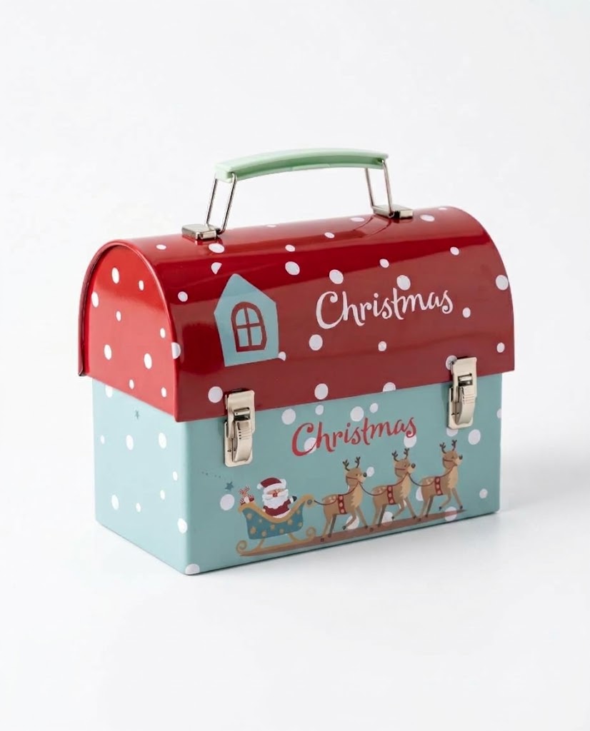 Vintage red and mint green Christmas tin money box with handle and latches featuring Santa Claus on a white background, available for delivery across Lebanon.