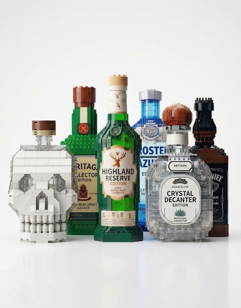 Full collection of six vintage collector bottle building block models including crystal skull, highland reserve, and classic decanter brick kits displayed on a white background.