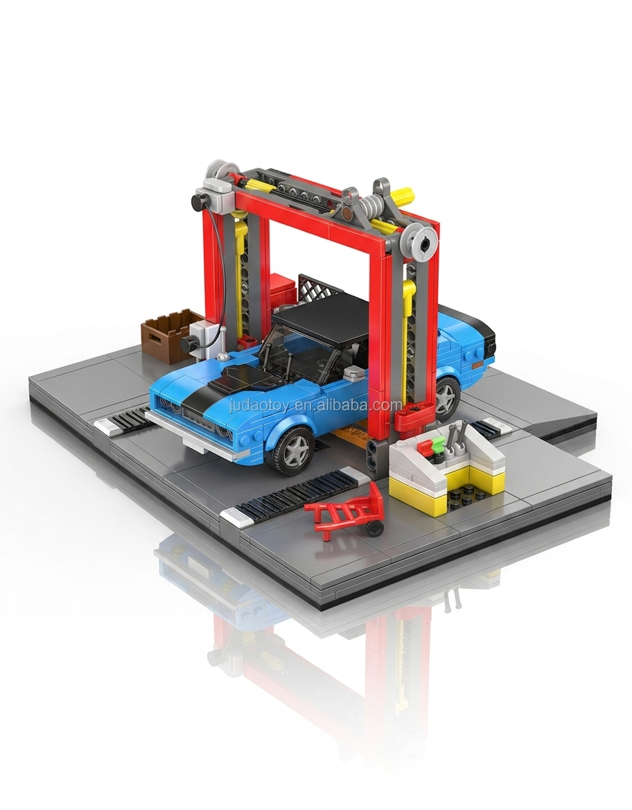 Blue vintage muscle car on a red hydraulic lift inside an auto repair garage diorama building block kit.