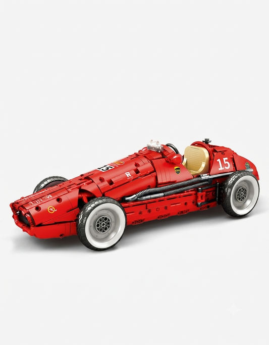 Classic red retro Formula 1 racing car building block model featuring white-wall tires and number 15 side decals