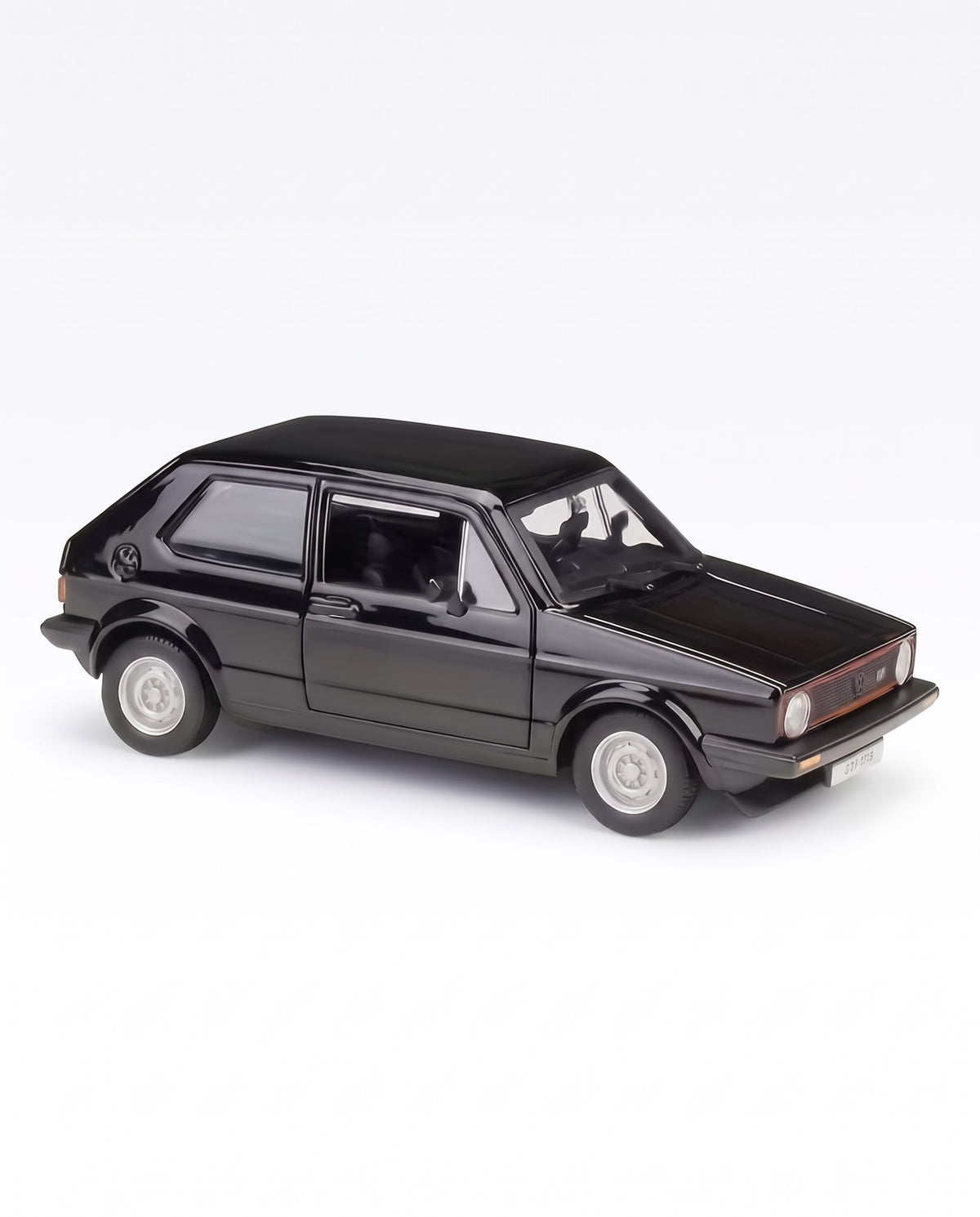 Side profile and body lines of vintage 1979 Volkswagen Golf Mk1 GTI 1:24 scale black miniature replica.