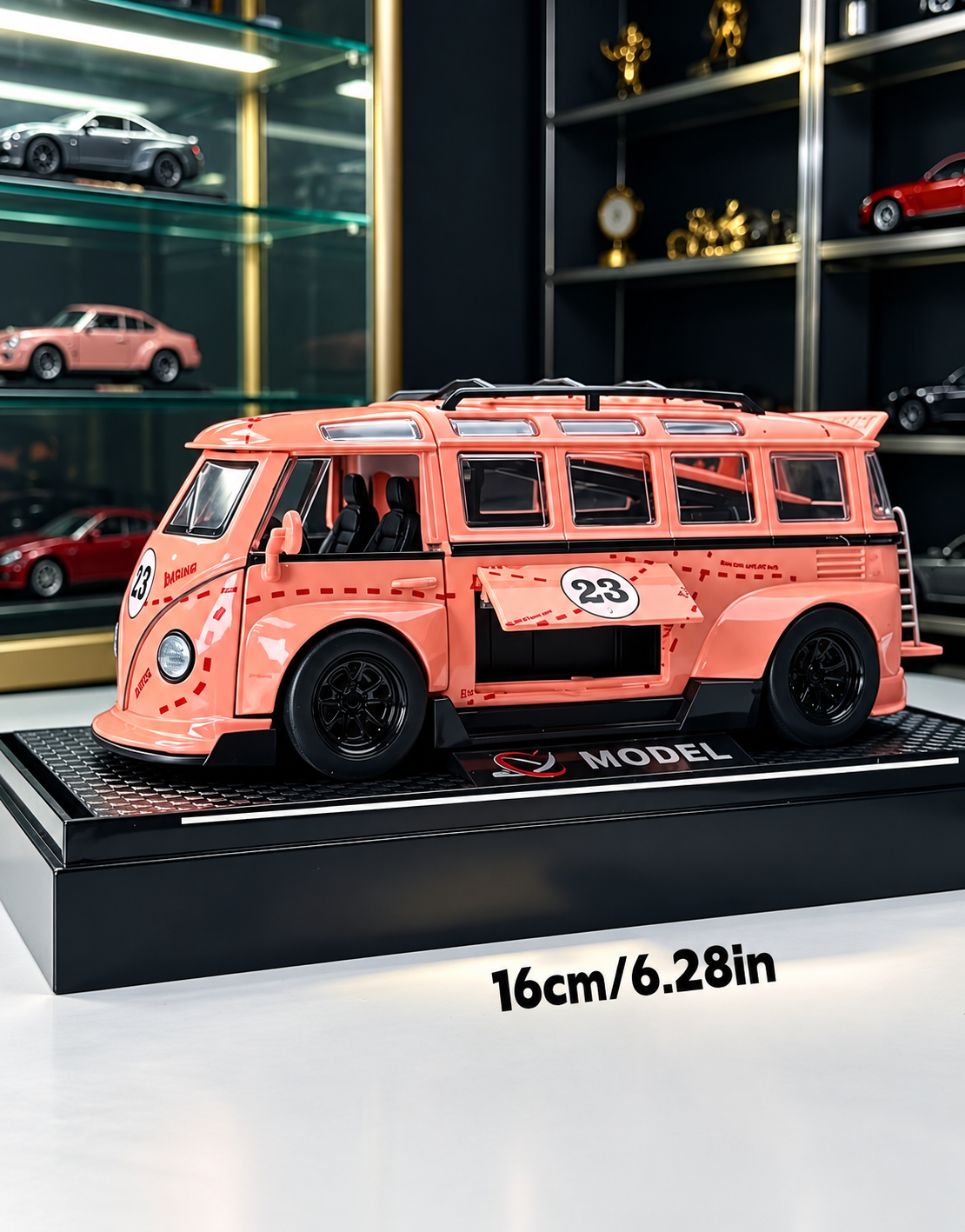 Exact size measurement showing 16cm (6.28 inches) length for the custom pink pig VW T1 widebody diecast collector car with delivery across Lebanon.