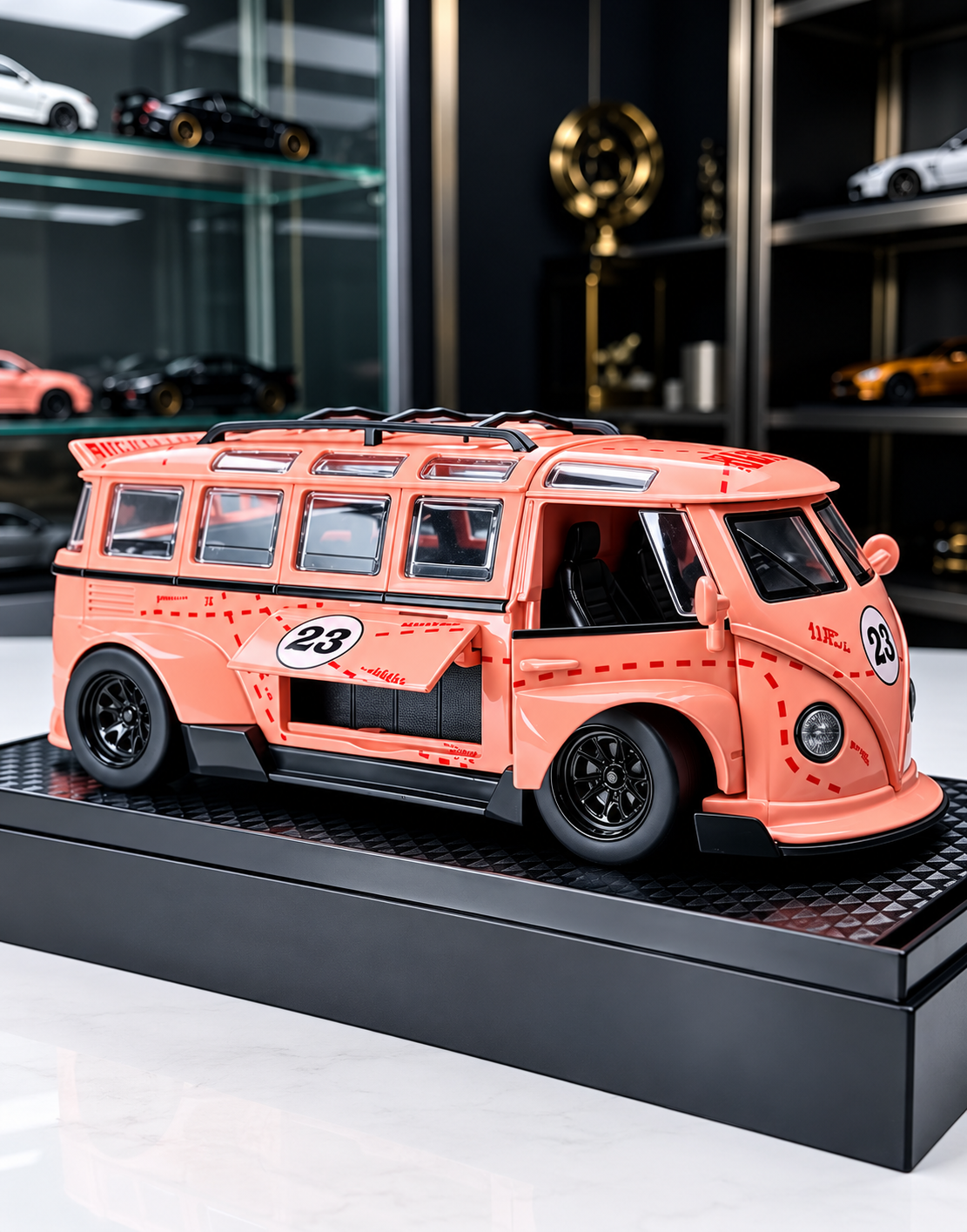 Custom VW T1 Kombi bus diecast model in pink pig #23 racing livery with opening side compartment on black display stand, available at Gadgets Lebanon.