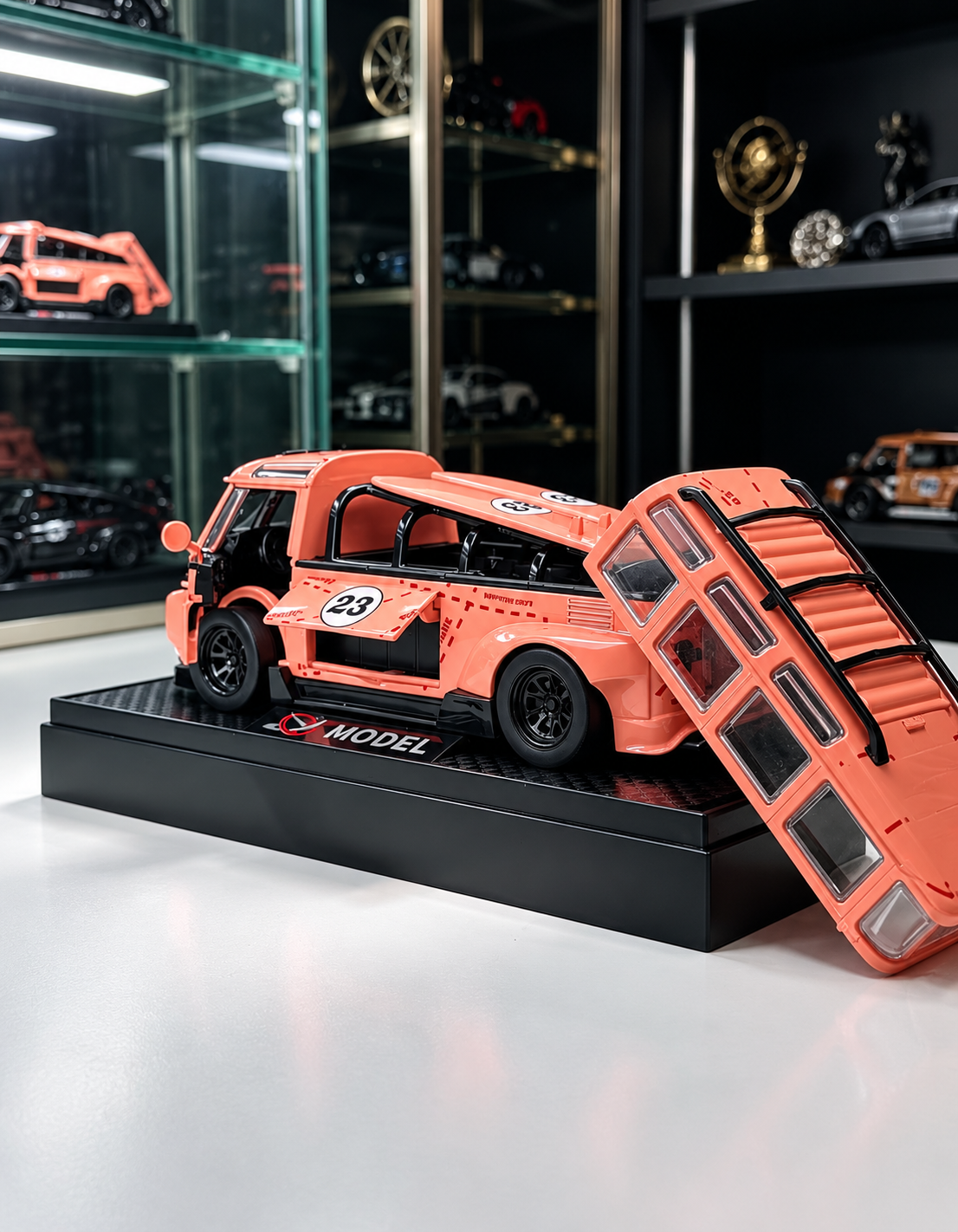 Custom pink pig VW Transporter scale model with fully removed upper roof rack shell showcasing detailed cabin and racing bucket seats.
