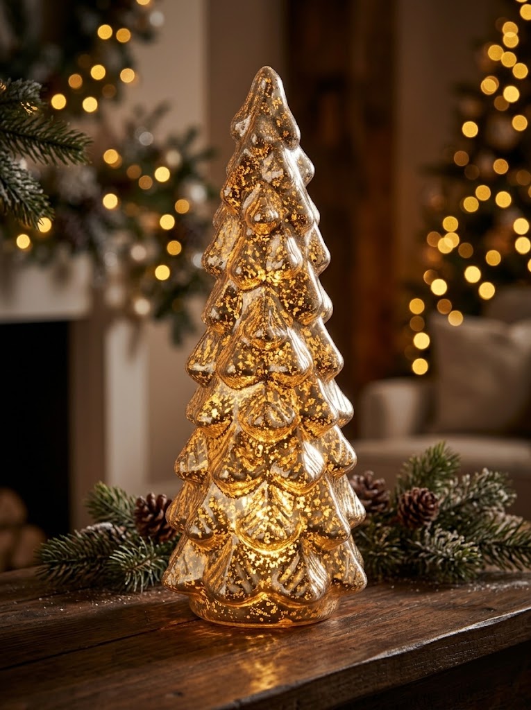 Illuminated tabletop Christmas tree glowing with warm interior LED light through speckled antique champagne finish, styled on a festive holiday table with pine cones.