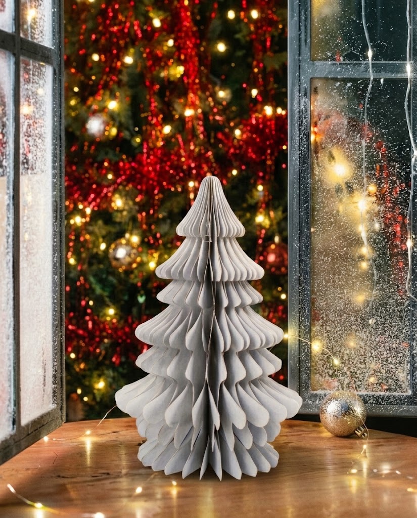 White 3D honeycomb folding paper Christmas tree (34.5 cm) standing on a wooden table for minimalist winter and Christmas decor in Lebanon - Gadgets Lebanon