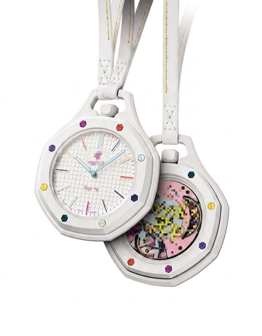 Front and back view of white bioceramic pendant watch featuring rainbow hour markers, textured dial, and illustrated case back.