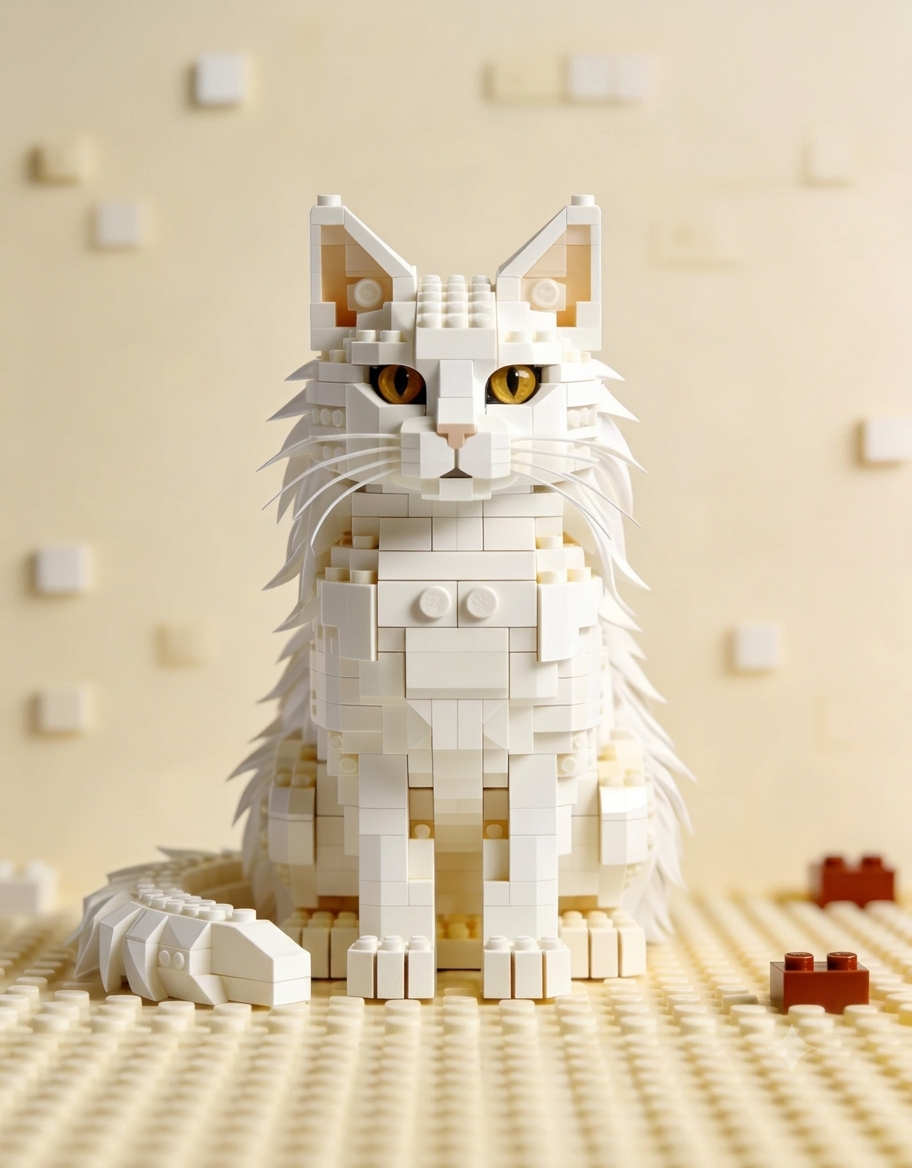 Front view of an all-white longhair cat brick sculpture sitting on a building block foundation plate.