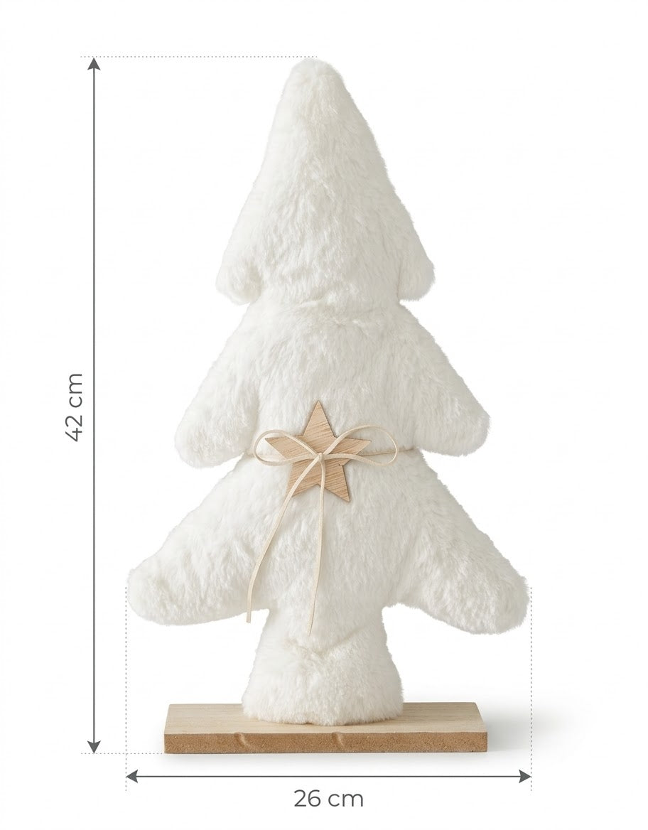 Standing white plush faux fur Christmas tree tabletop decoration with wooden star and solid wood base, showing dimensions 42 cm height and 26 cm width on a white studio background.