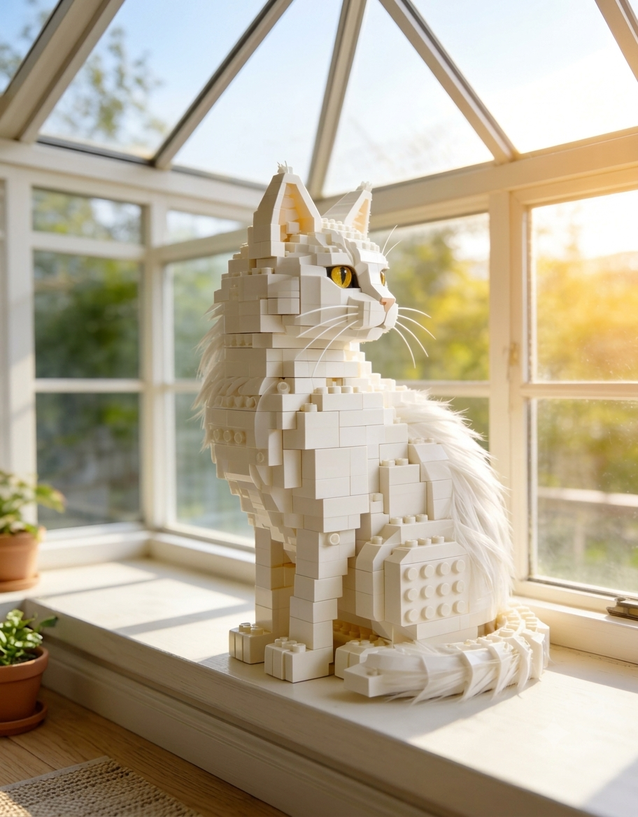 Realistic white longhair cat brick figure sitting on a sunny windowsill inside a greenhouse sunroom.