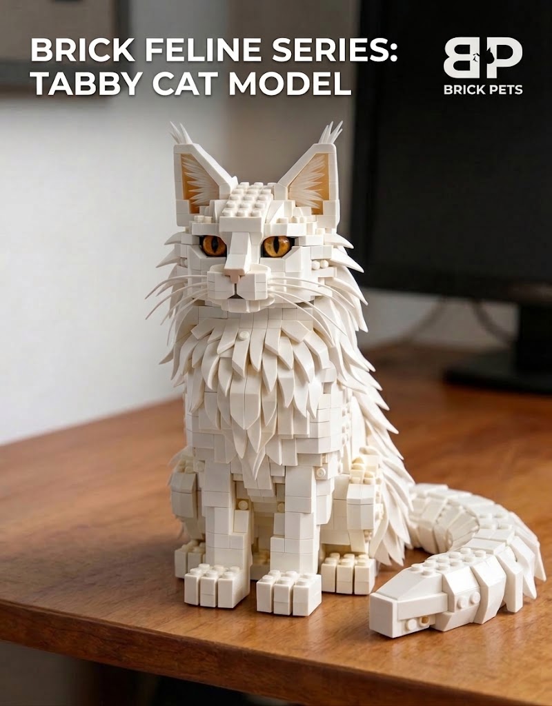 White Maine Coon cat building block model displayed on a wooden office desk next to a computer monitor.