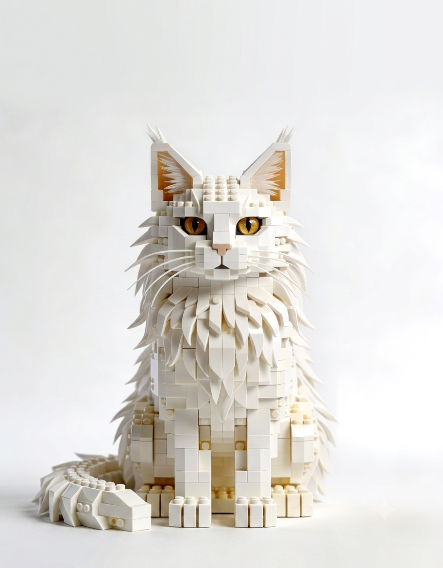 Complete white Maine Coon cat building brick sculpture with amber eyes and curved bushy tail on an isolated white background.