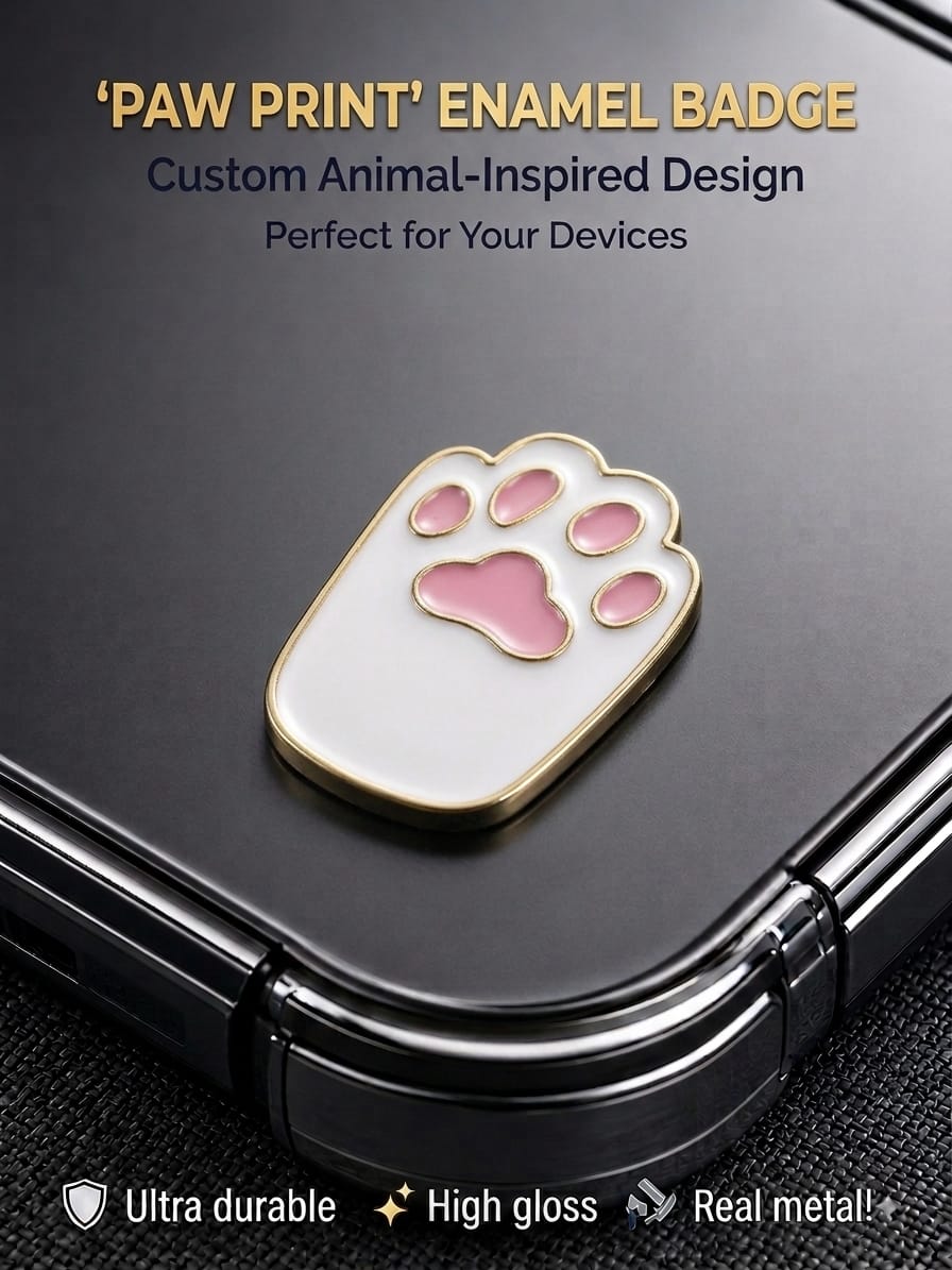 White and pink cat paw enamel metal badge sticker attached to the back of a sleek smartphone.