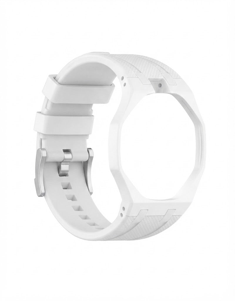 Modular white silicone wristwatch strap and octagonal case frame for convertible pendant watch.