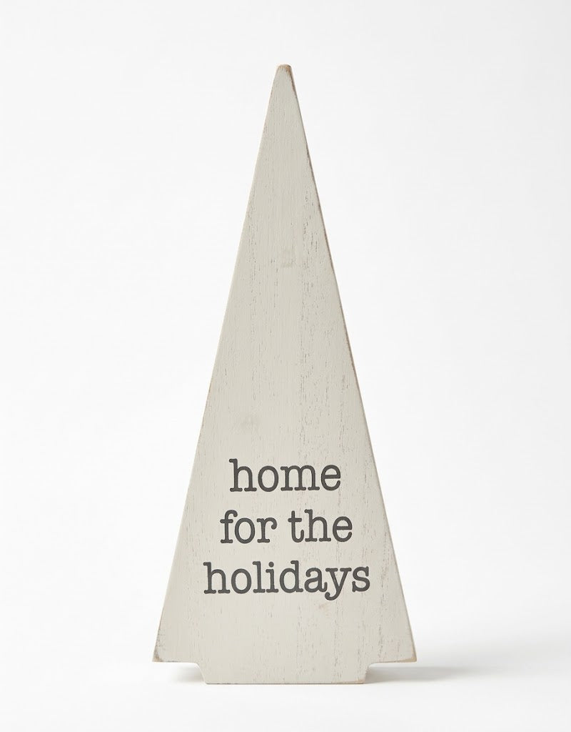 Distressed white wooden Christmas tree tabletop decor featuring Home for the Holidays black typography, buy holiday gifts online in Lebanon.