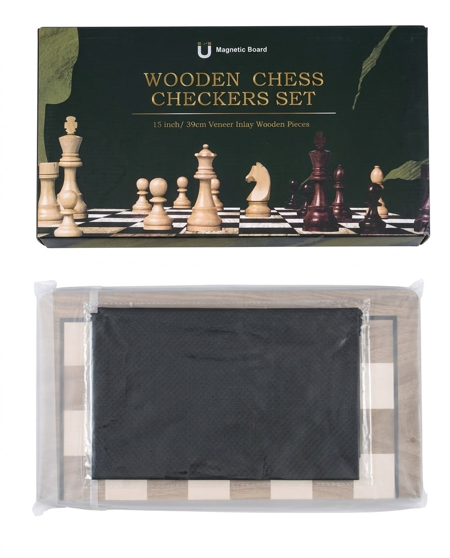 Complete 15-inch magnetic wooden chess and checkers board set in original factory packaging, order from Gadgets Lebanon.