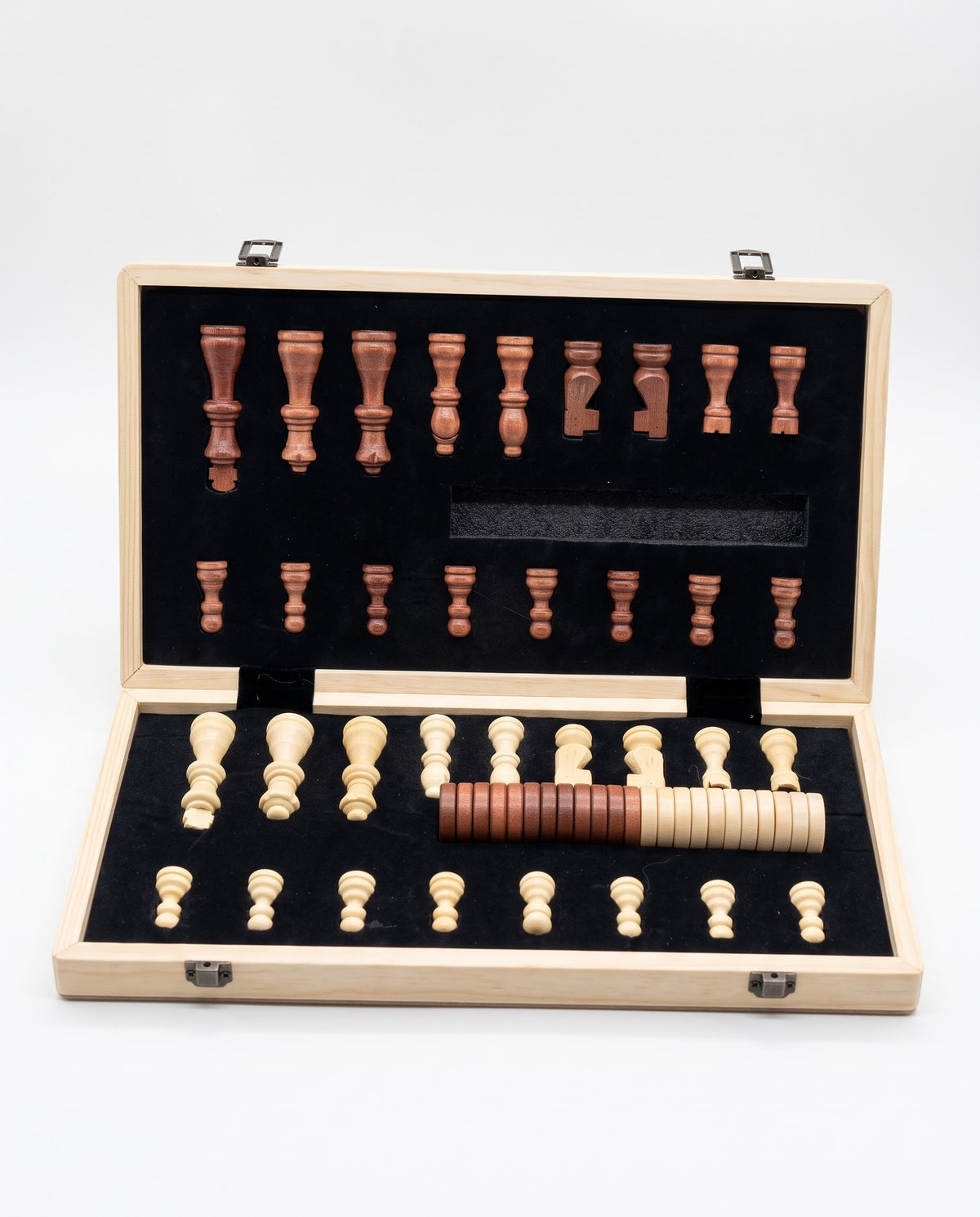 2-in-1 wooden chess and checkers set interior organizer with custom protective velvet slots, available in Lebanon at Gadgets Lebanon.