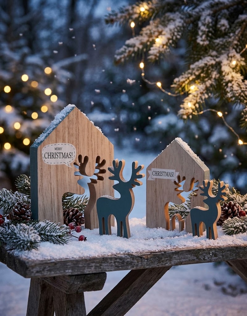 2-piece wooden holiday house and reindeer figurines set on a snow-covered wooden bench with fairy lights and pine branches.