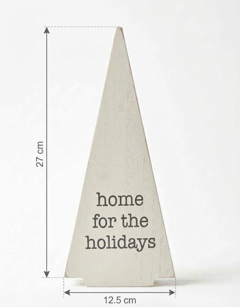 Product dimension diagram for wooden Christmas tree tabletop sign showing 27 cm height and 12.5 cm width, holiday decor Lebanon.