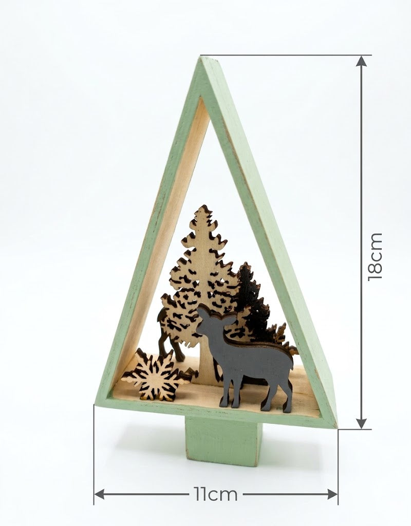 Melinera wooden Christmas tree tabletop decoration size specifications measuring 18 cm height by 11 cm width, order online in Lebanon.