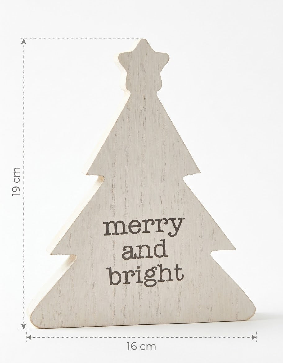 Product dimensions diagram for the merry and bright wooden Christmas tree sign, measuring 19 cm in height and 16 cm in base width.