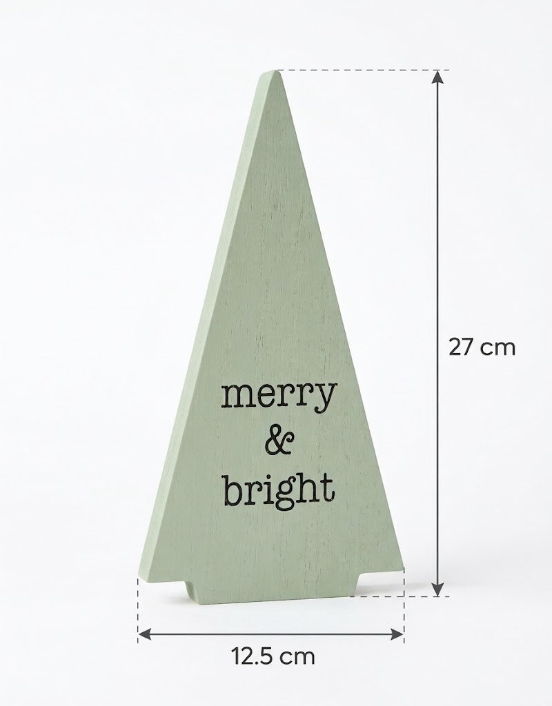 Size specifications of 27 cm height and 12.5 cm width for the Merry and Bright wooden Christmas tree tabletop decor in Lebanon.