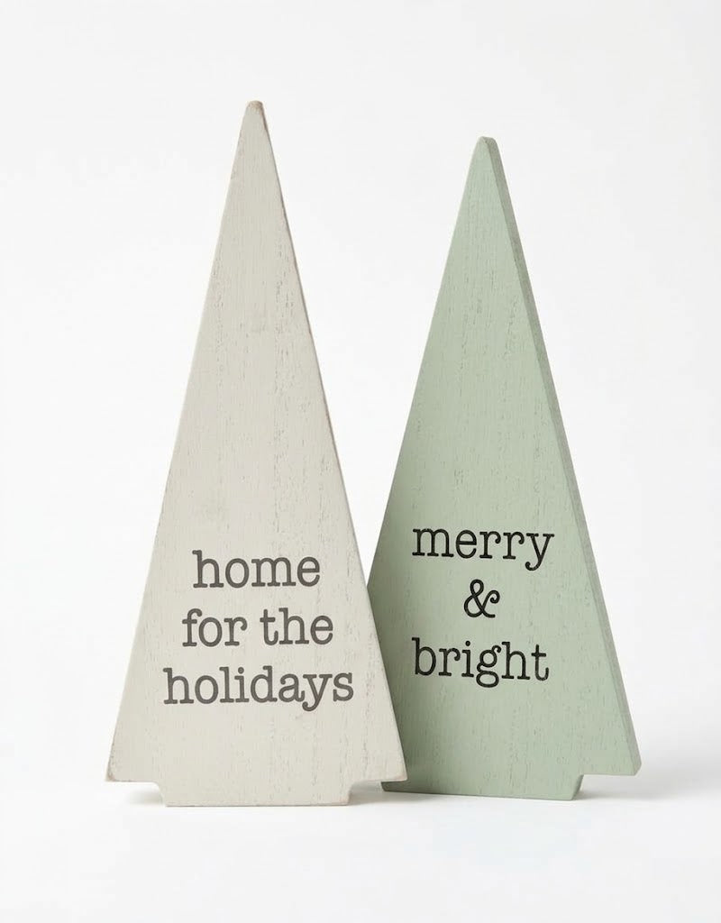 Two-piece rustic wooden Christmas tree decoration set in off-white and sage green with festive holiday quotes, fast delivery across Lebanon.